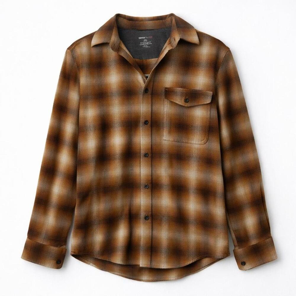 Cabincore cozy brown plaid button up shirt Swiss Tech maximalist textured men S‎